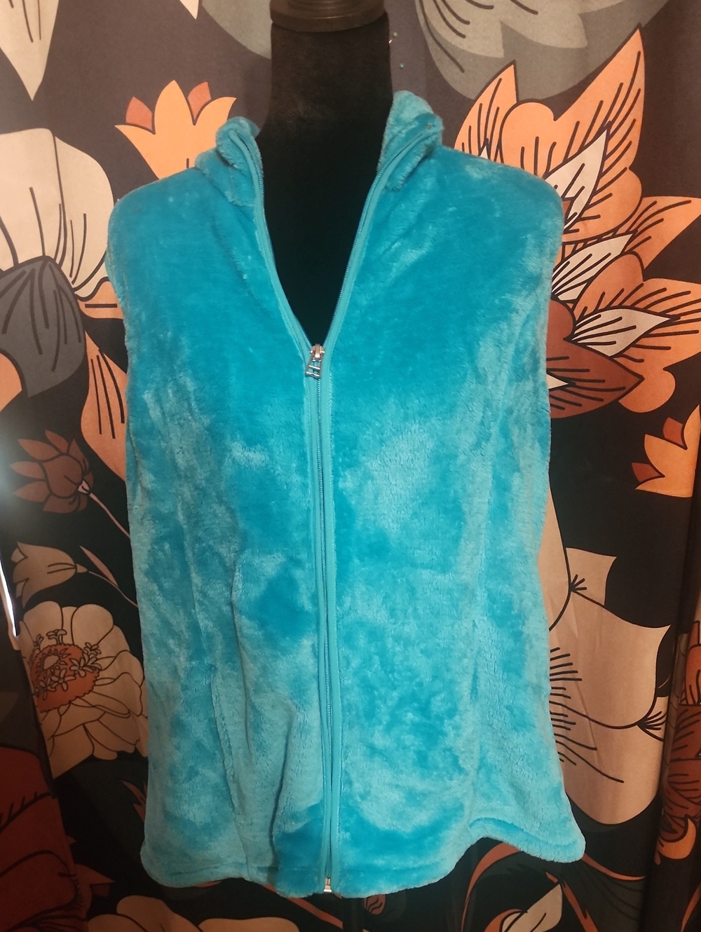 Kim Rogers Turquoise Plush Hooded Zip Vest
